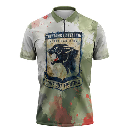 761st Tank Battalion Zipper Polo Shirt Black Panthers - Come Out Fighting - Military Watercolor