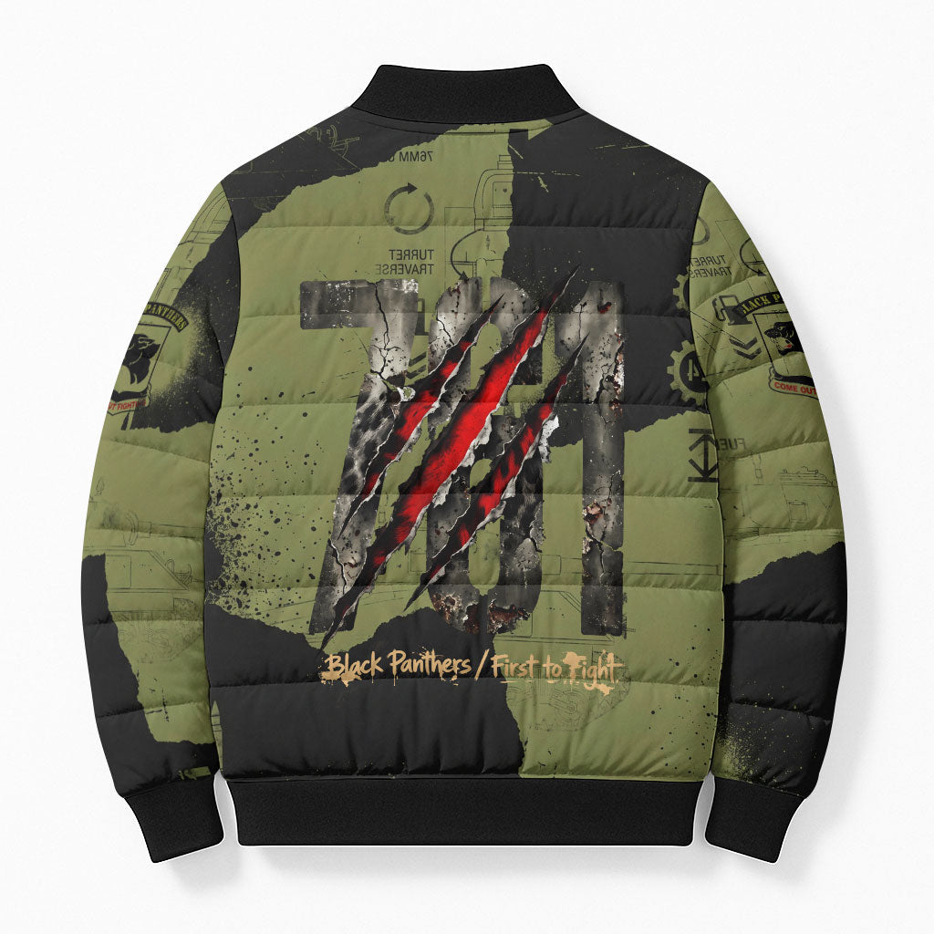 761st Tank Battalion Original Black Panthers Bomber Puffer Jacket Come Out Fighting - Sherman Tank Military - Distressed Scratch