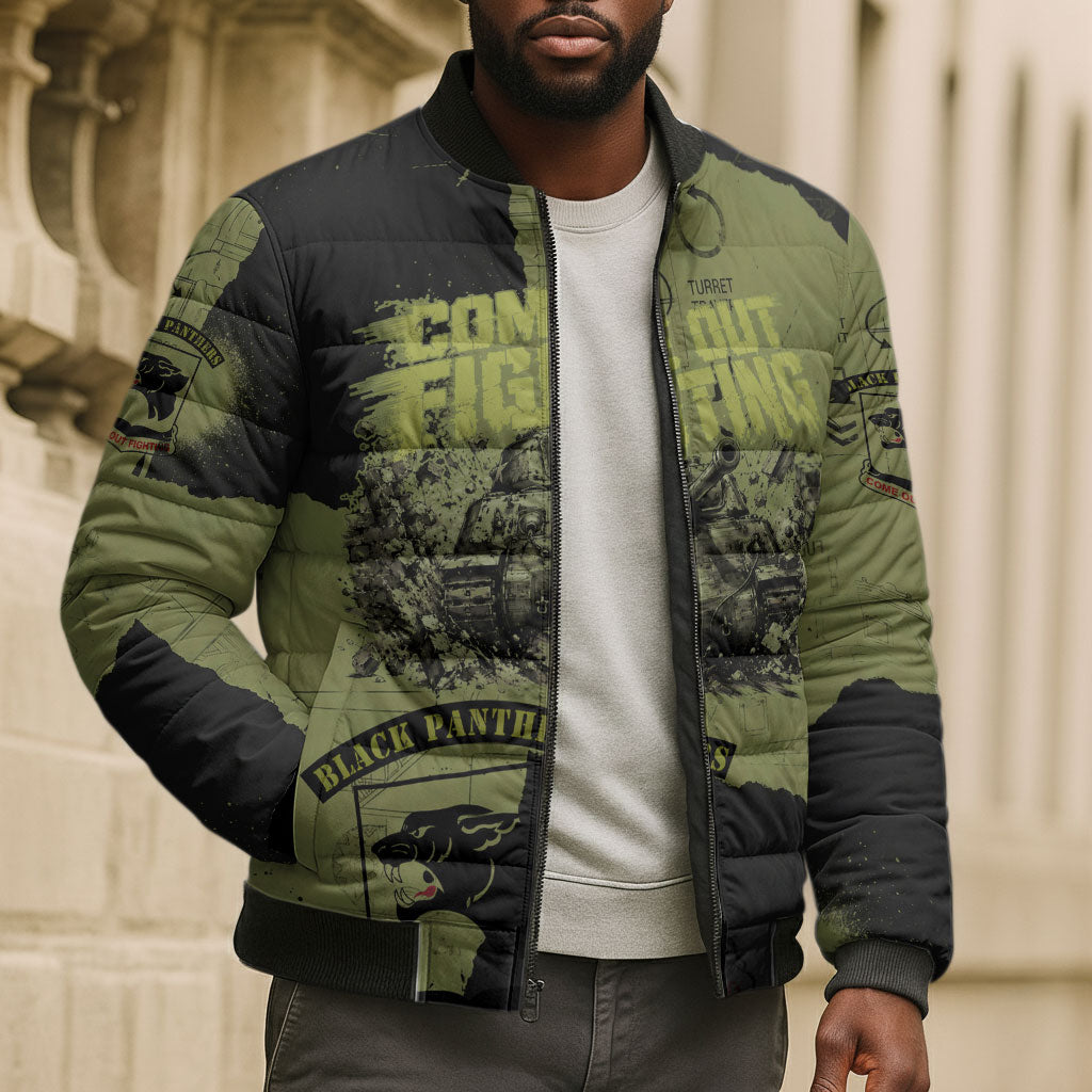 761st Tank Battalion Original Black Panthers Bomber Puffer Jacket Come Out Fighting - Sherman Tank Military - Distressed Scratch