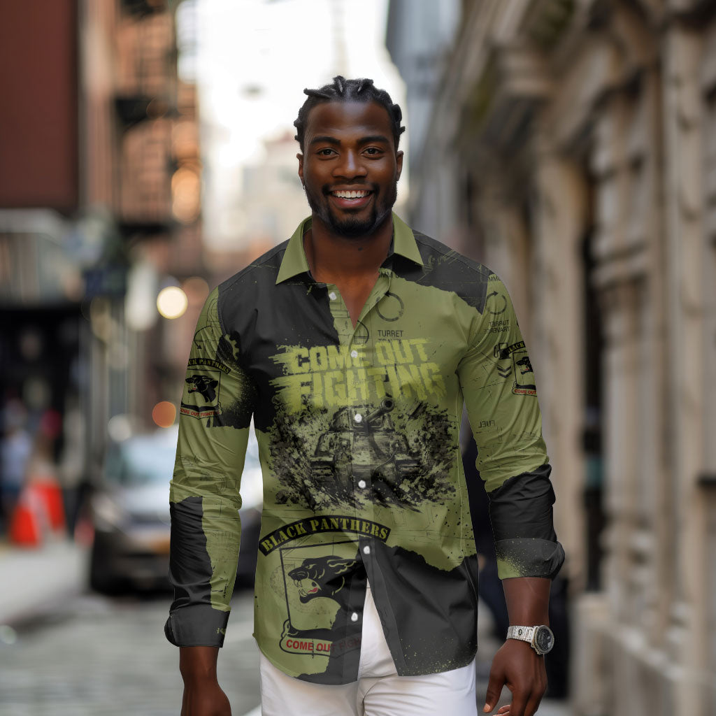 761st Tank Battalion Original Black Panthers Long Sleeve Button Shirt Come Out Fighting - Sherman Tank Military - Distressed Scratch