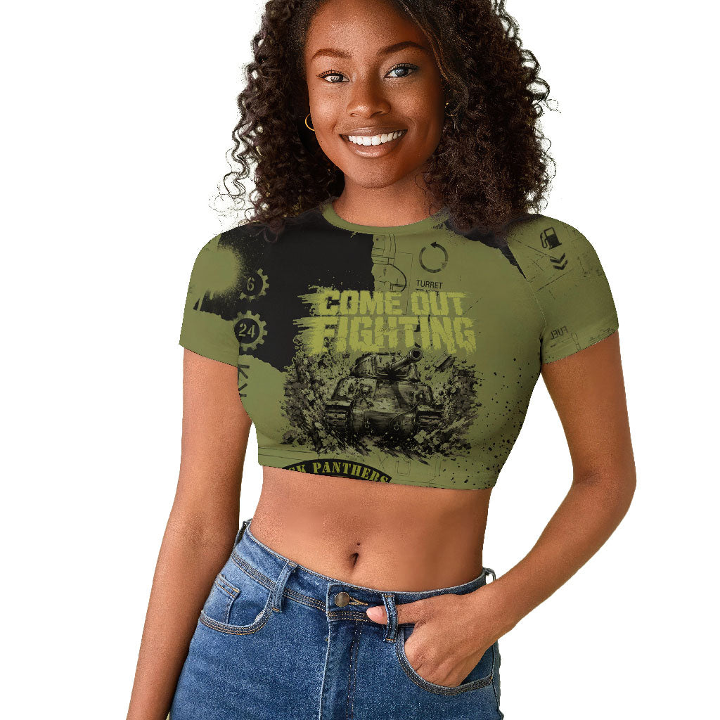 761st Tank Battalion Original Black Panthers Raglan Cropped T shirt Come Out Fighting - Sherman Tank Military - Distressed Scratch