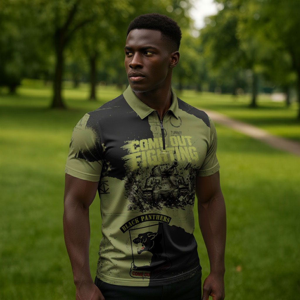 761st Tank Battalion Original Black Panthers Zipper Polo Shirt Come Out Fighting - Sherman Tank Military - Distressed Scratch