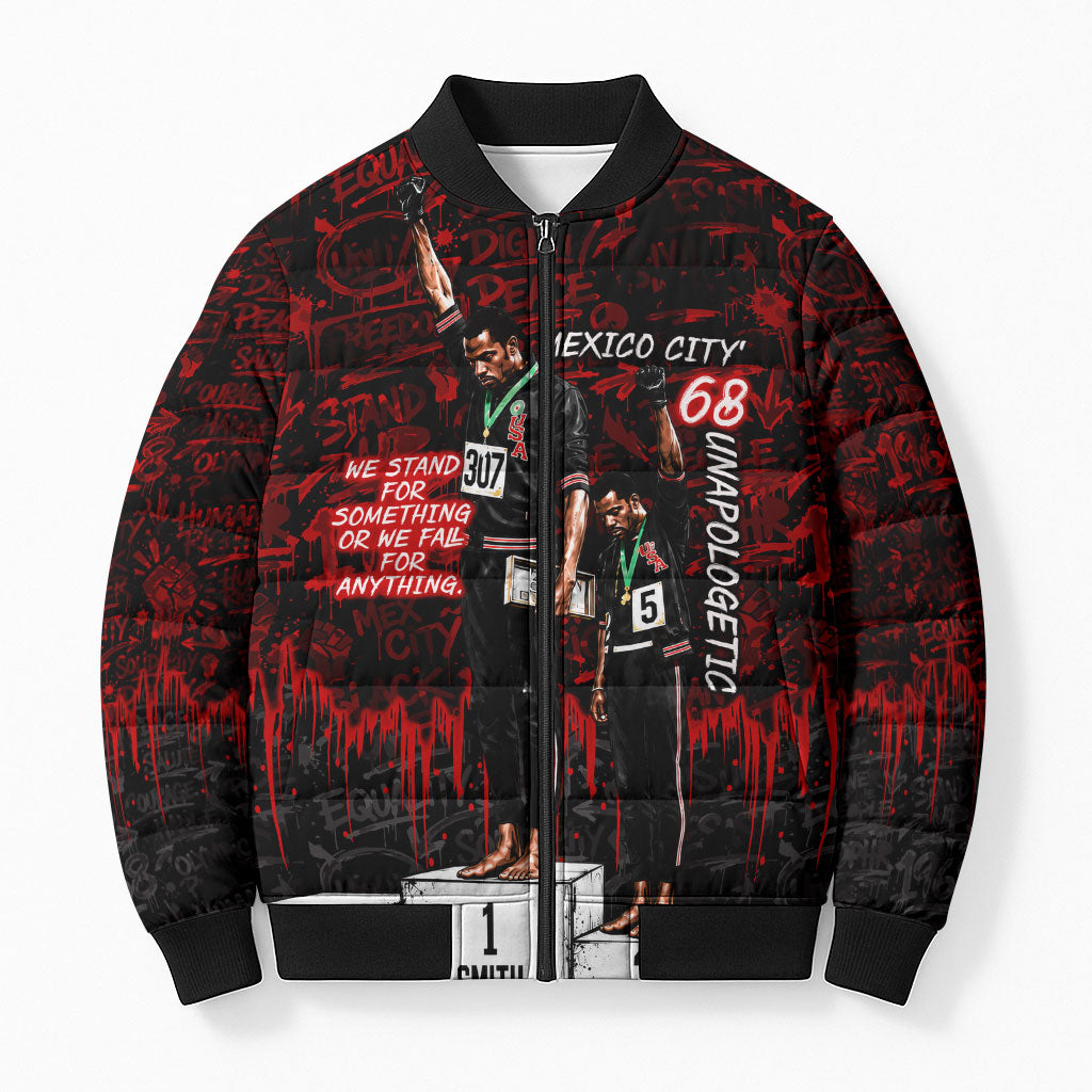 Mexico City 1968 Black Power Salute Bomber Puffer Jacket Unapologetic Civil Rights History Urban Graffiti Art