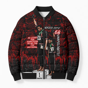 Mexico City 1968 Black Power Salute Bomber Puffer Jacket Unapologetic Civil Rights History Urban Graffiti Art