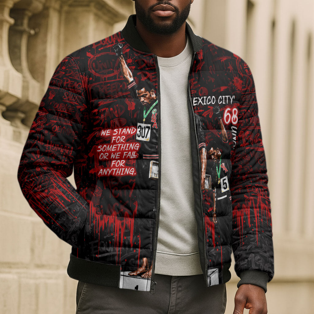 Mexico City 1968 Black Power Salute Bomber Puffer Jacket Unapologetic Civil Rights History Urban Graffiti Art