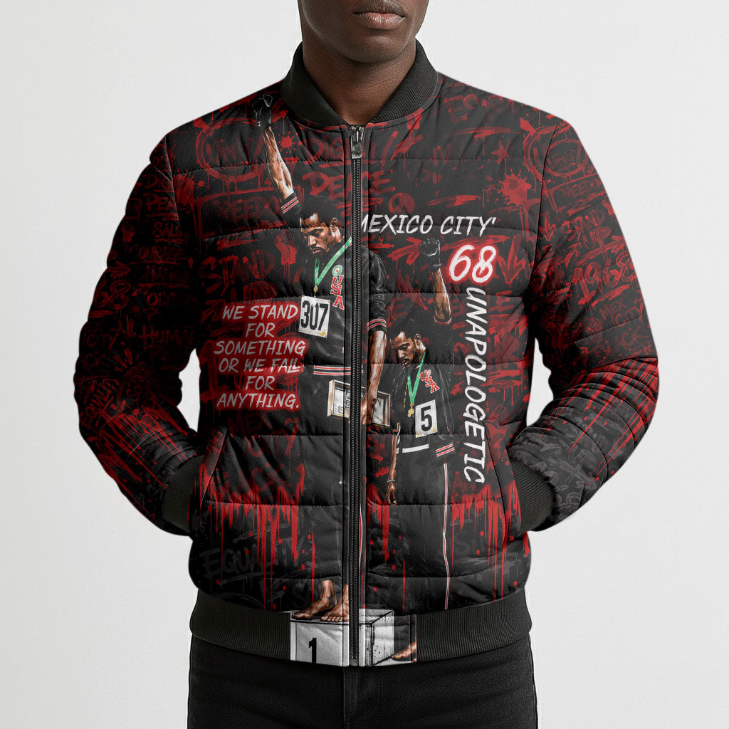 Mexico City 1968 Black Power Salute Bomber Puffer Jacket Unapologetic Civil Rights History Urban Graffiti Art