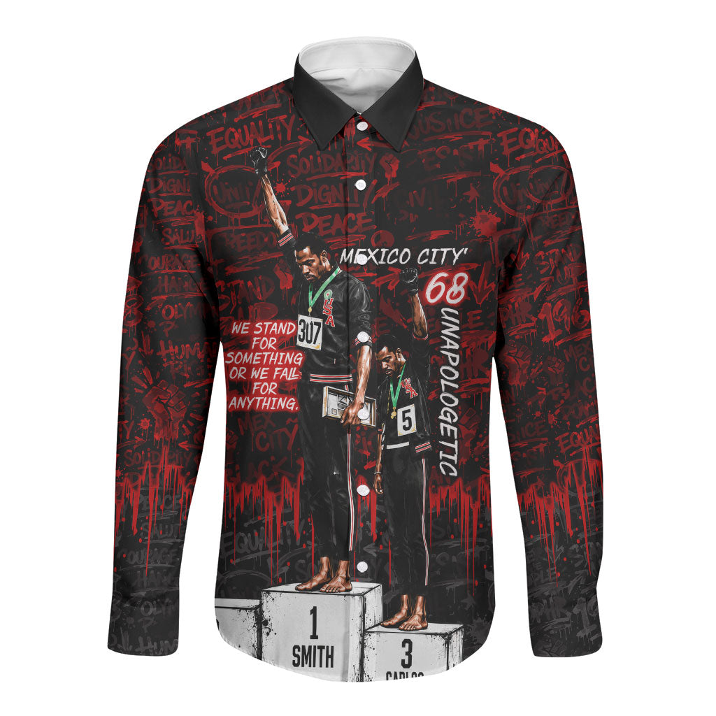 Mexico City 1968 Black Power Salute Long Sleeve Button Shirt Unapologetic Civil Rights History Urban Graffiti Art