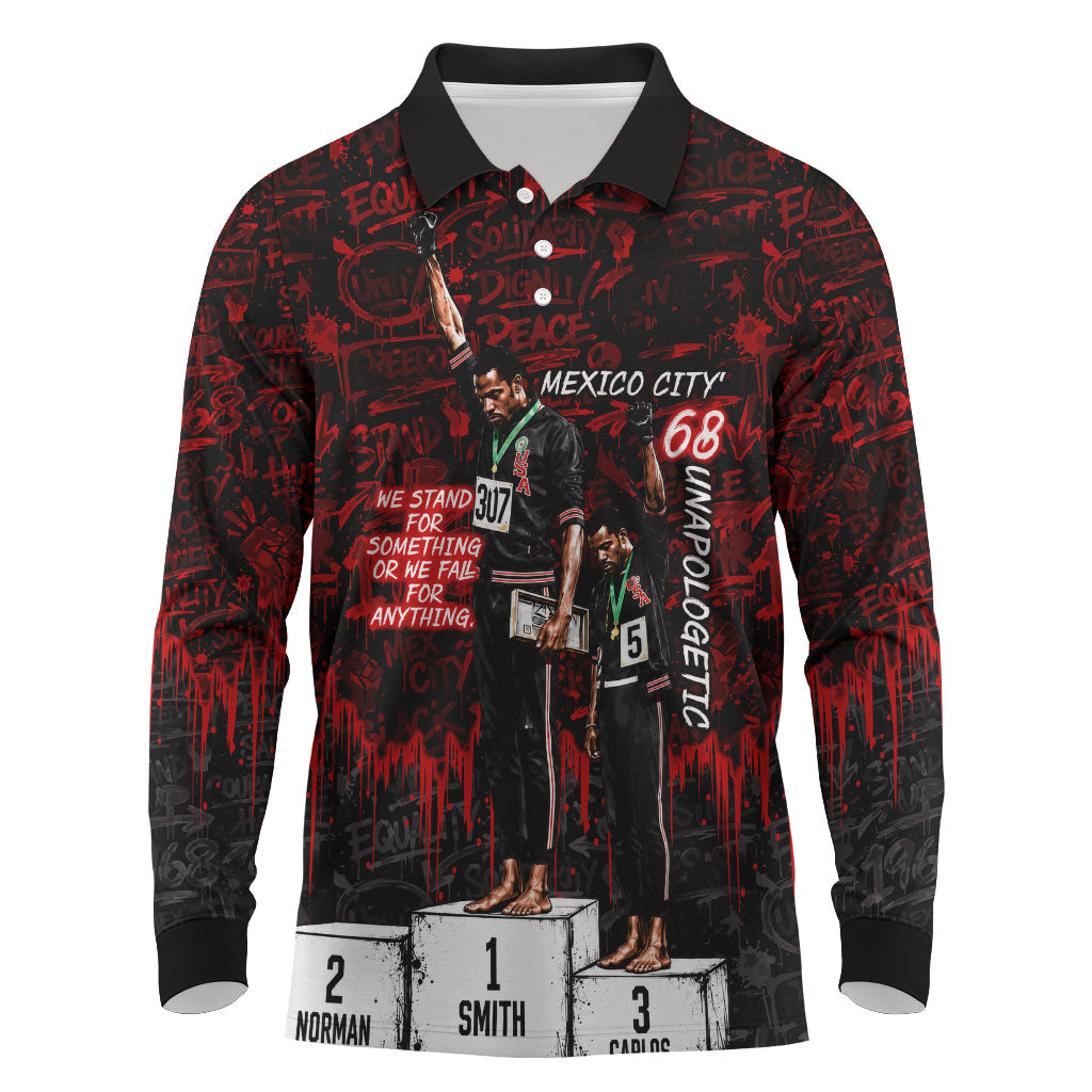 Mexico City 1968 Black Power Salute Long Sleeve Polo Shirt Unapologetic Civil Rights History Urban Graffiti Art