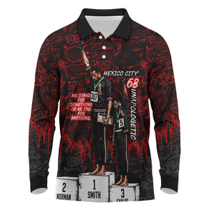 Mexico City 1968 Black Power Salute Long Sleeve Polo Shirt Unapologetic Civil Rights History Urban Graffiti Art