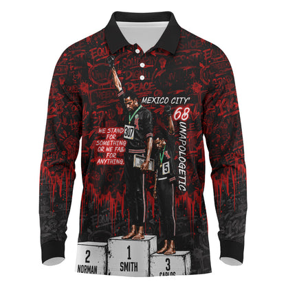 Mexico City 1968 Black Power Salute Long Sleeve Polo Shirt Unapologetic Civil Rights History Urban Graffiti Art