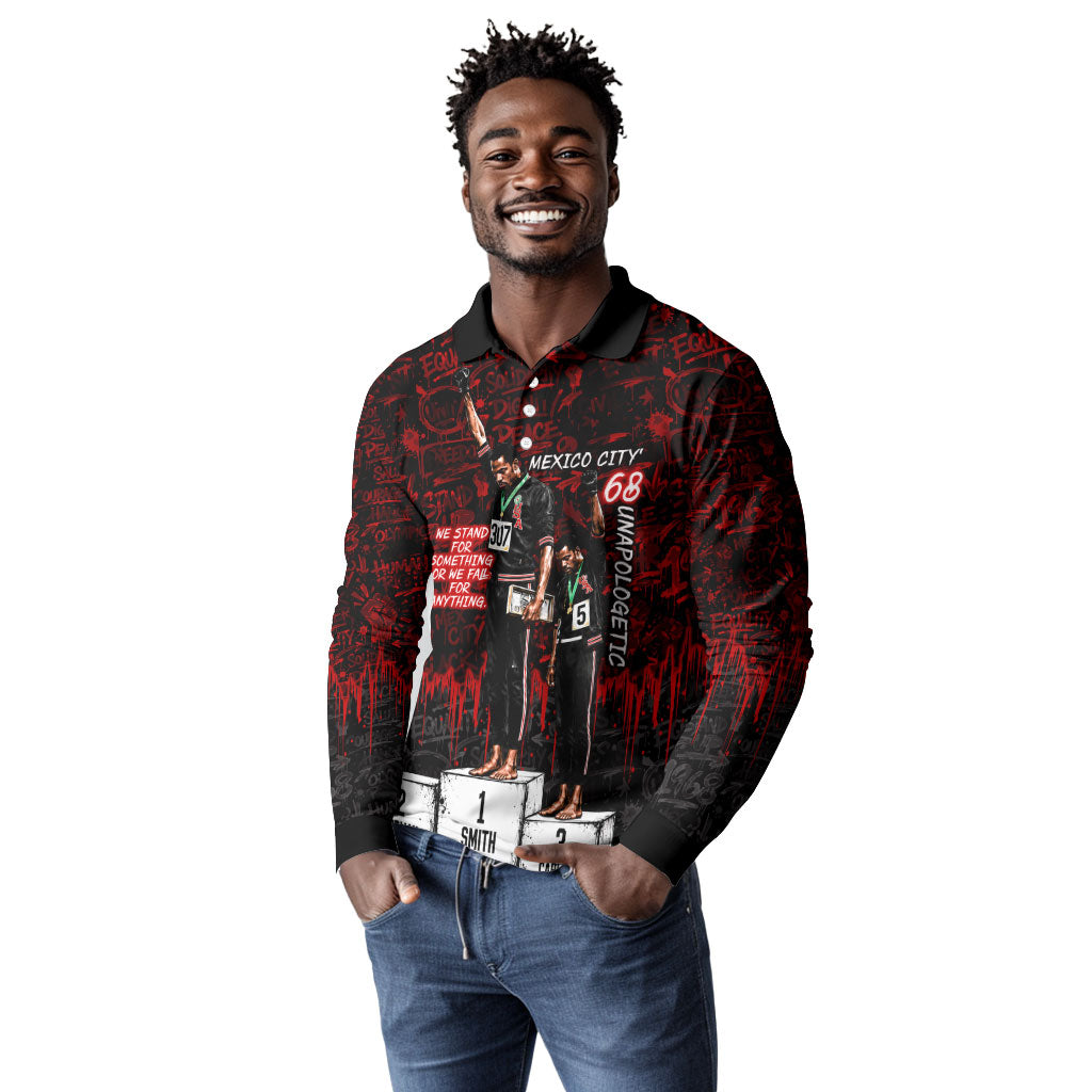Mexico City 1968 Black Power Salute Long Sleeve Polo Shirt Unapologetic Civil Rights History Urban Graffiti Art
