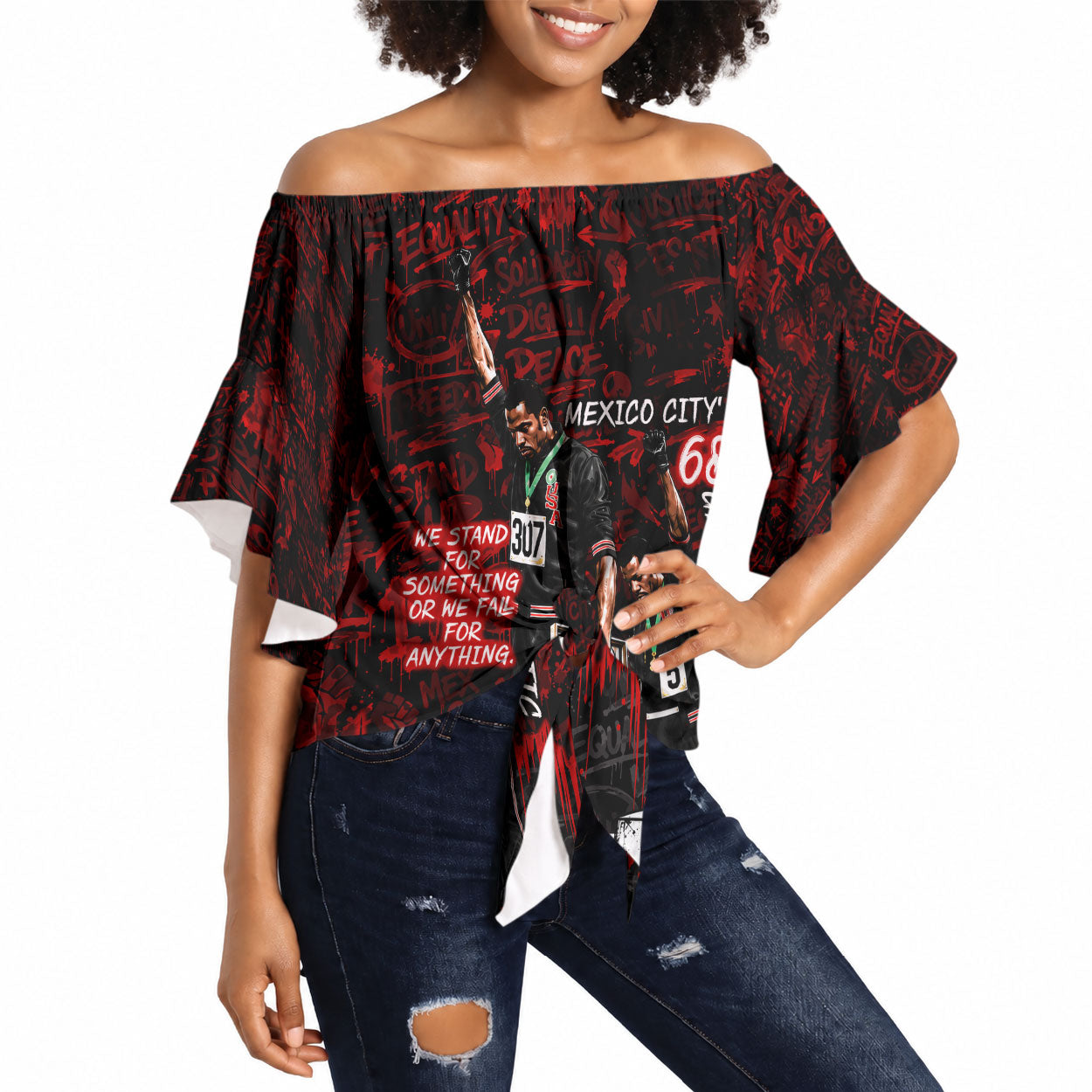 Mexico City 1968 Black Power Salute Off Shoulder Wrap Waist Top Unapologetic Civil Rights History Urban Graffiti Art