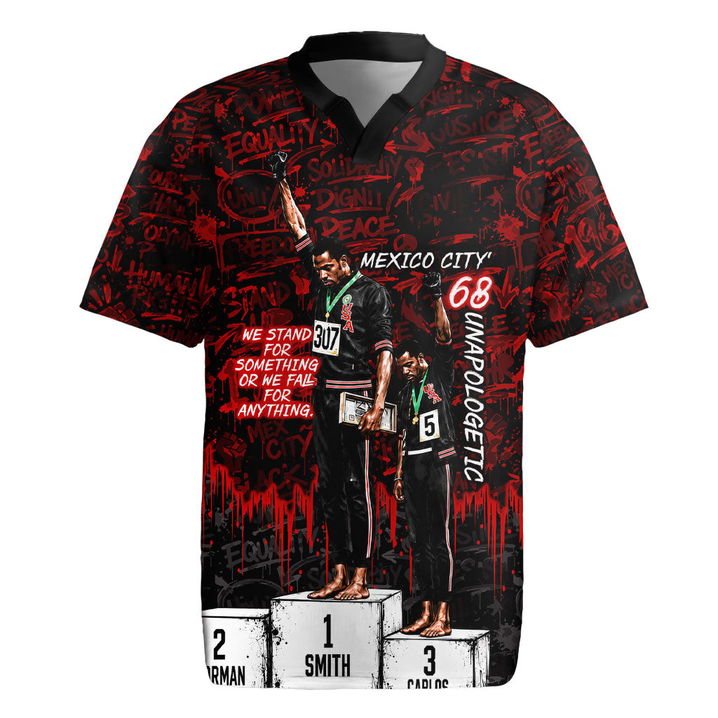 Mexico City 1968 Black Power Salute Rugby Jersey Unapologetic Civil Rights History Urban Graffiti Art