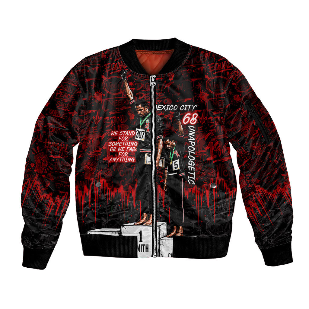Mexico City 1968 Black Power Salute Sleeve Zip Bomber Jacket Unapologetic Civil Rights History Urban Graffiti Art