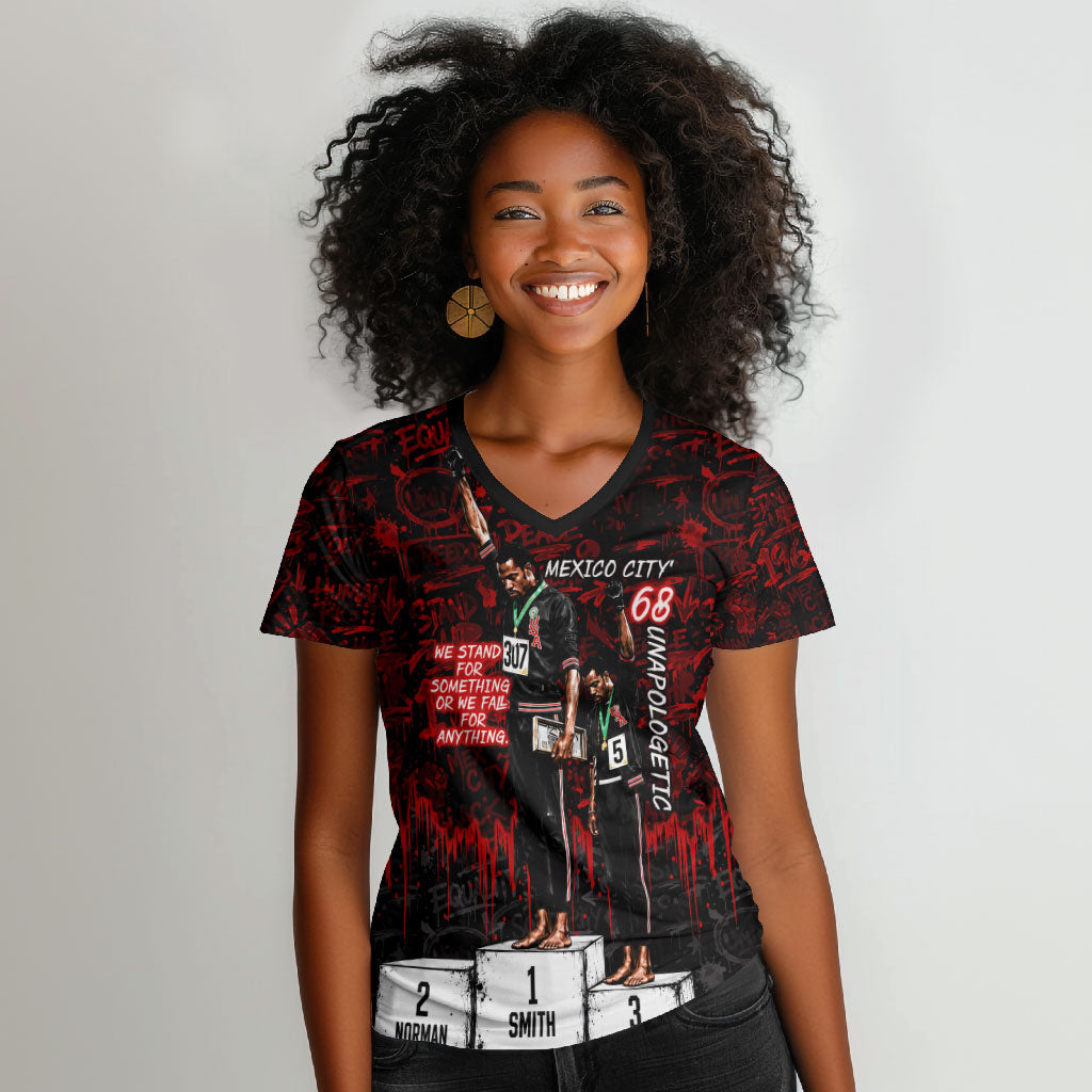 Mexico City 1968 Black Power Salute Women V-Neck T-Shirt Unapologetic Civil Rights History Urban Graffiti Art