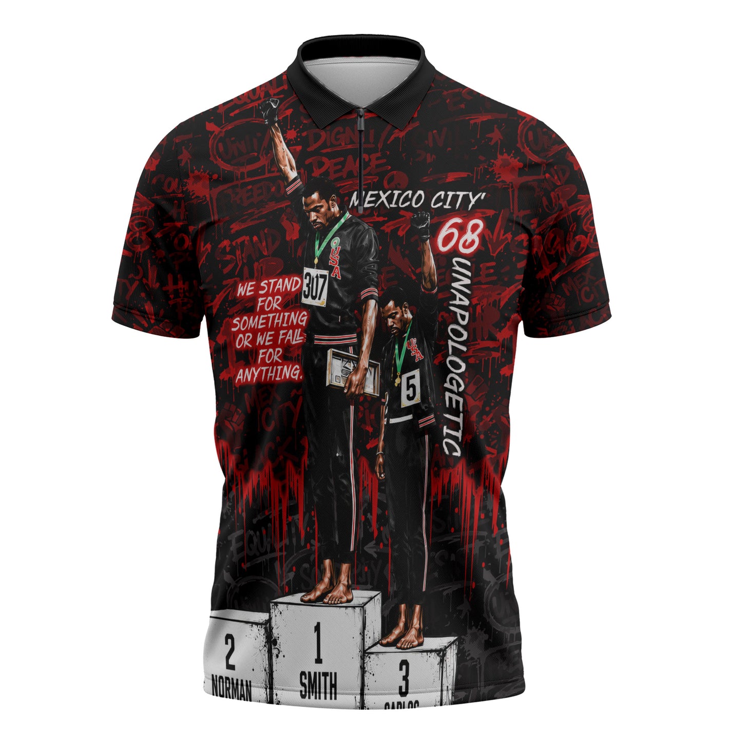 Mexico City 1968 Black Power Salute Zipper Polo Shirt Unapologetic Civil Rights History Urban Graffiti Art