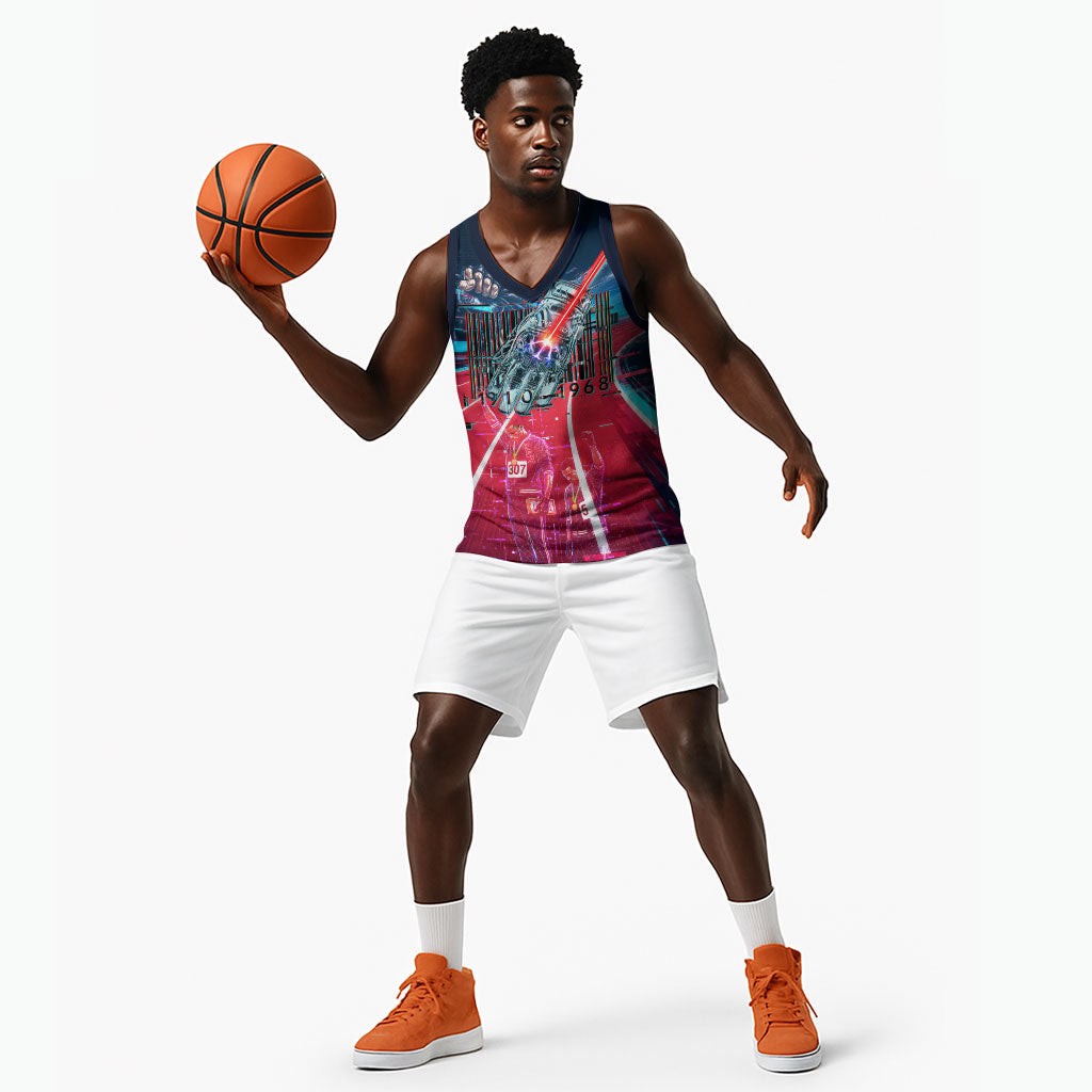 African American 1968 Black Power Salute Basketball Jersey Retro Cyberpunk Sci-Fi Tech Civil Rights Art