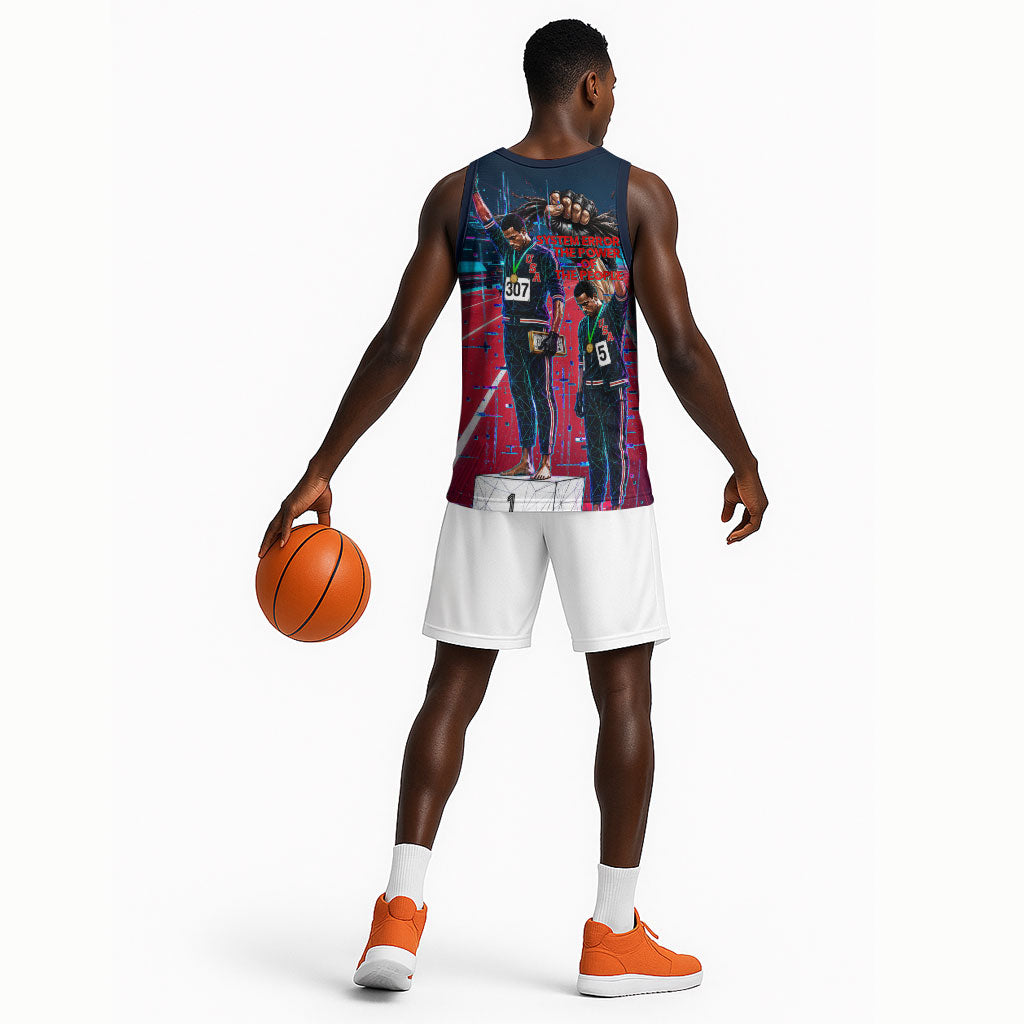 African American 1968 Black Power Salute Basketball Jersey Retro Cyberpunk Sci-Fi Tech Civil Rights Art