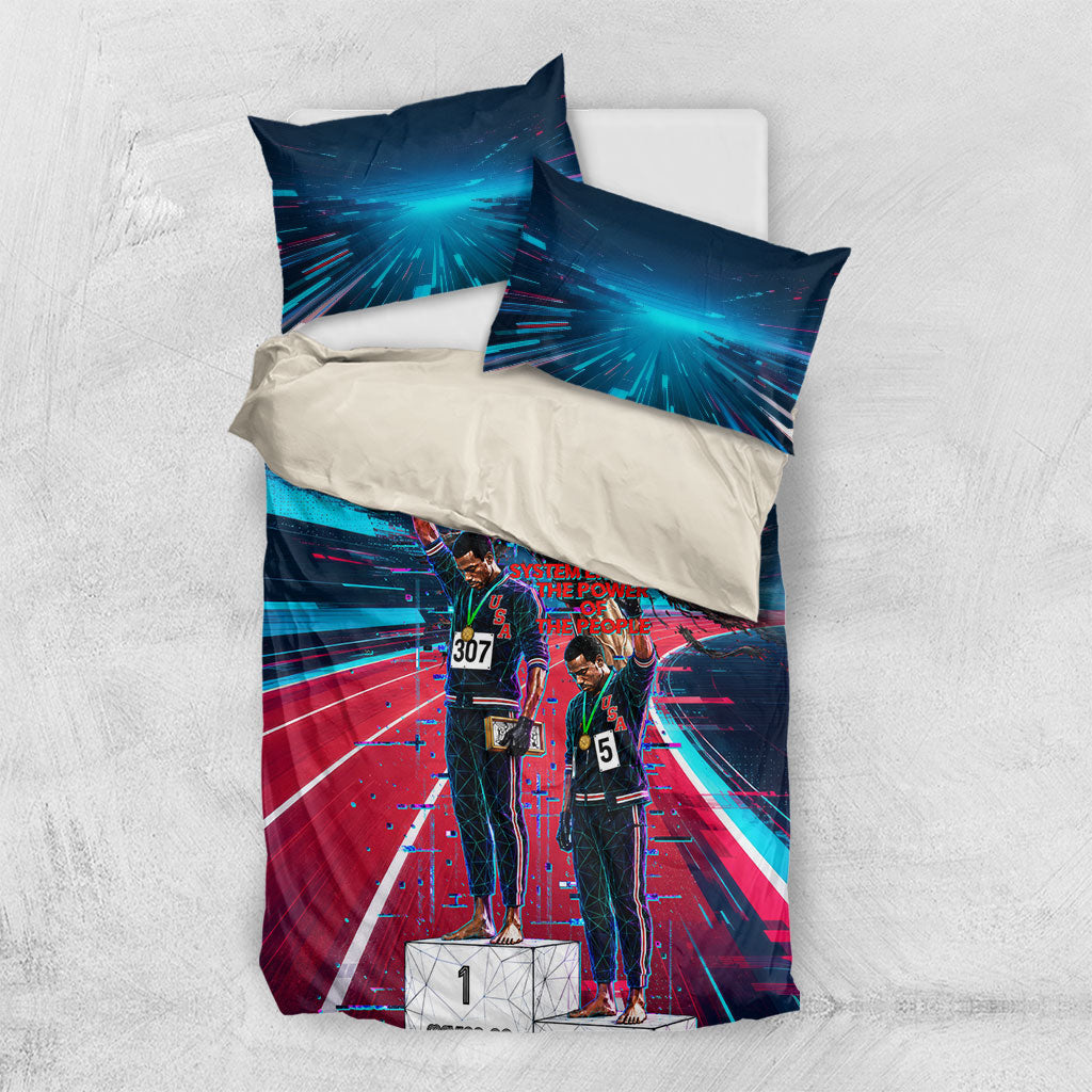 African American 1968 Black Power Salute Bedding Set Retro Cyberpunk Sci-Fi Tech Civil Rights Art