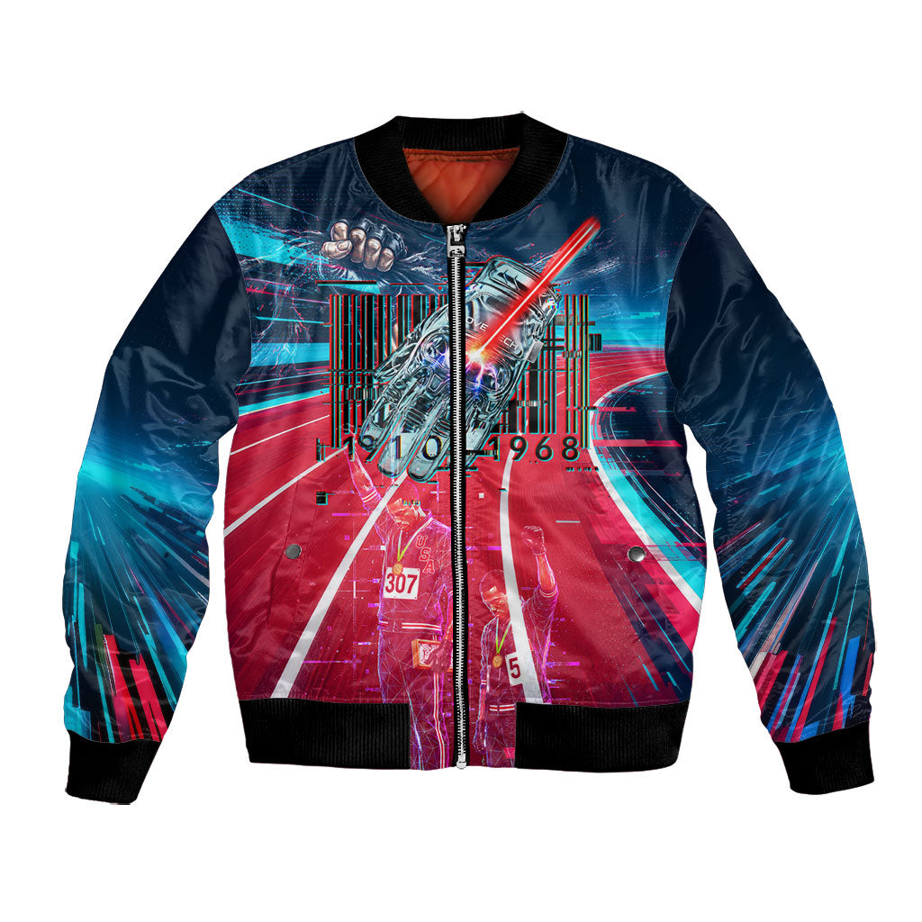 African American 1968 Black Power Salute Bomber Jacket Retro Cyberpunk Sci-Fi Tech Civil Rights Art