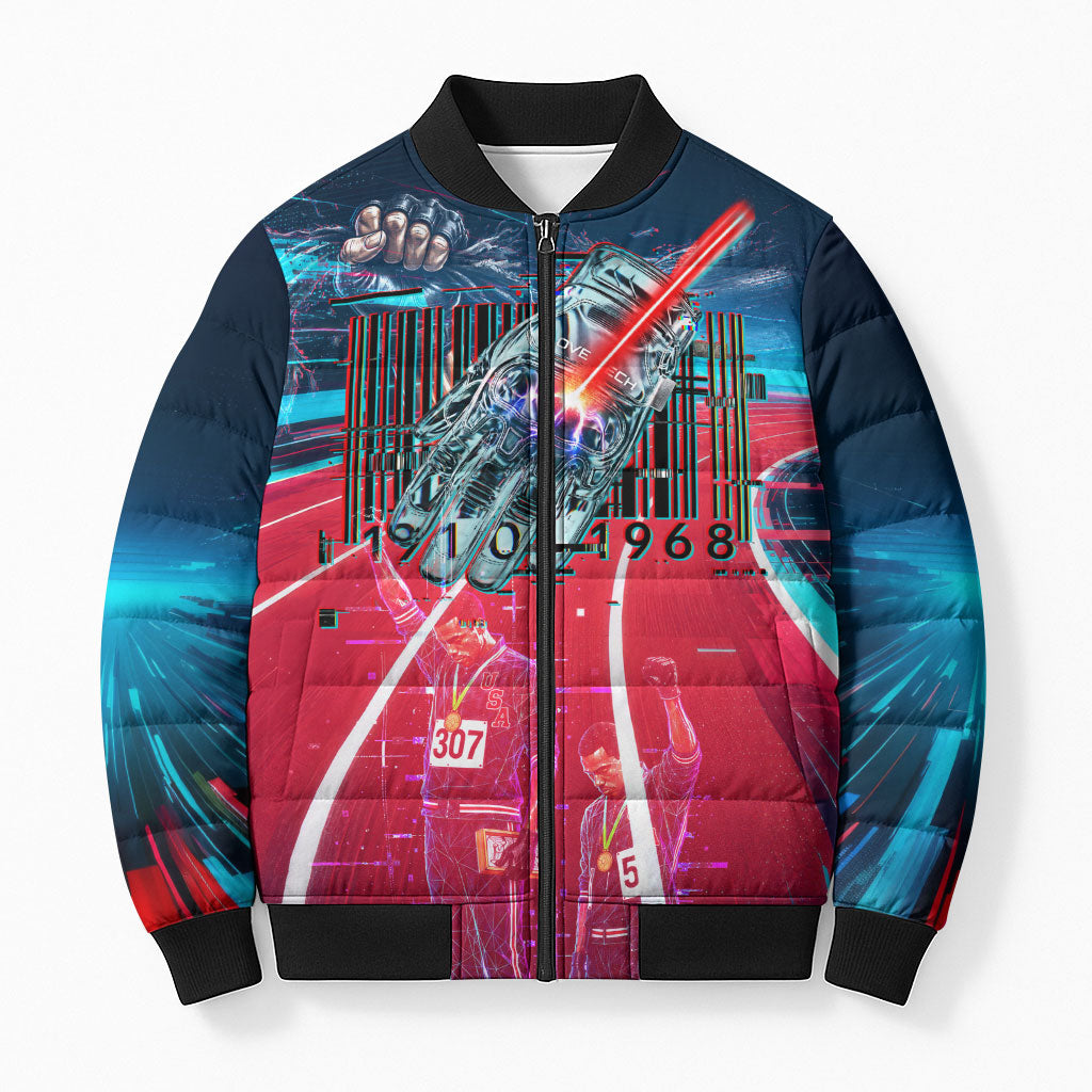 African American 1968 Black Power Salute Bomber Puffer Jacket Retro Cyberpunk Sci-Fi Tech Civil Rights Art