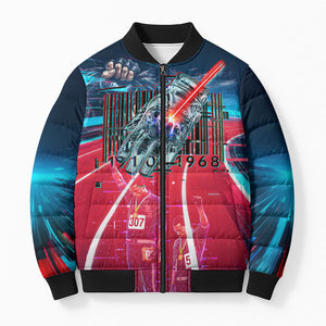 African American 1968 Black Power Salute Bomber Puffer Jacket Retro Cyberpunk Sci-Fi Tech Civil Rights Art