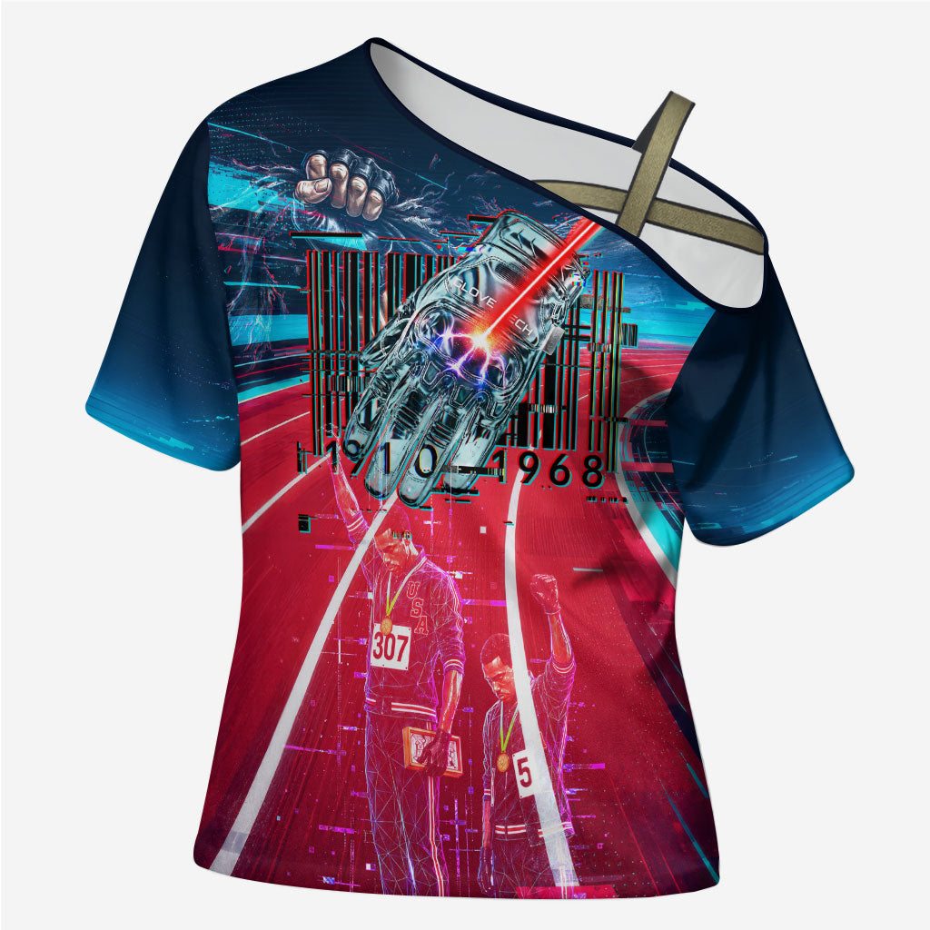 African American 1968 Black Power Salute Cross Shoulder Shirt Retro Cyberpunk Sci-Fi Tech Civil Rights Art