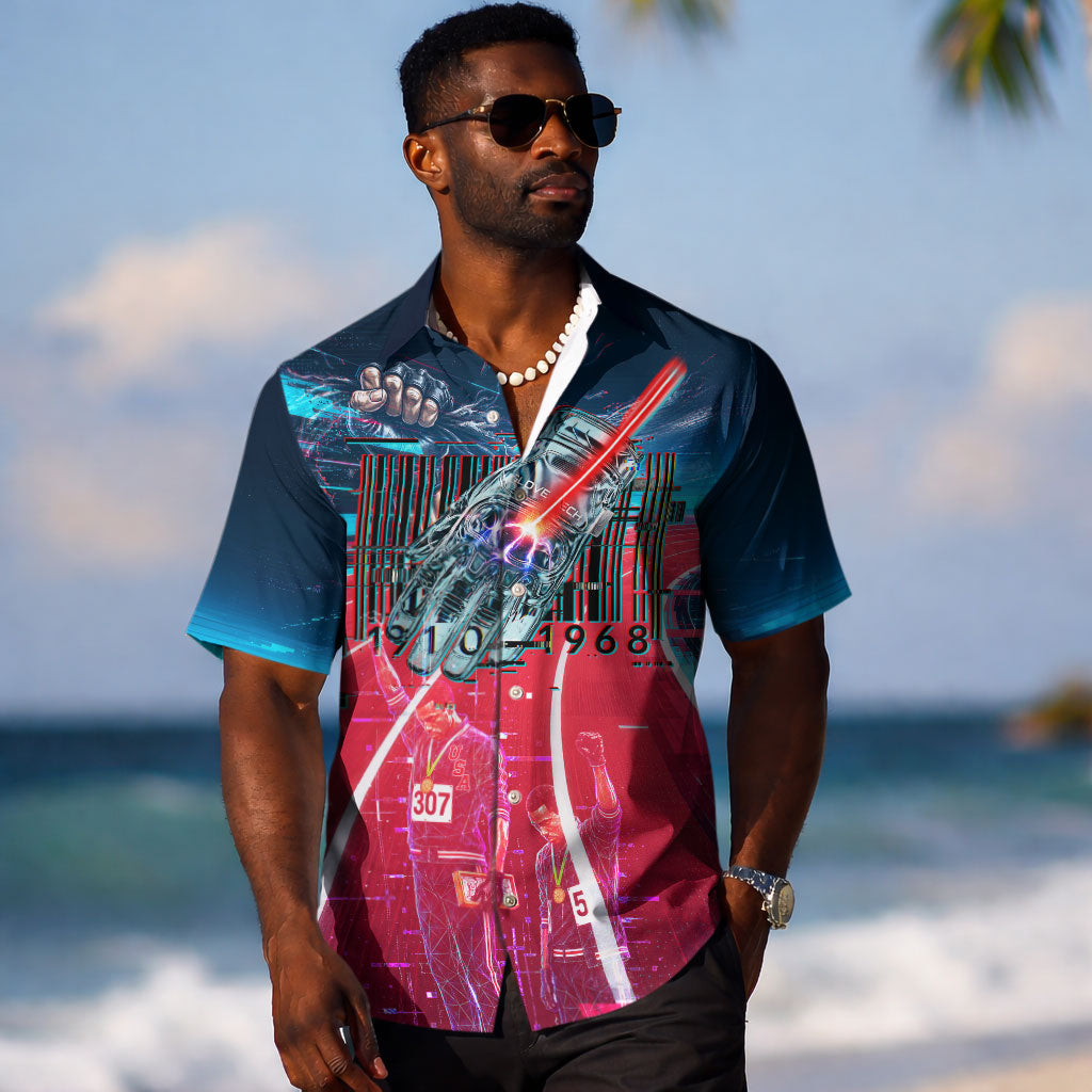 African American 1968 Black Power Salute Hawaiian Shirt Retro Cyberpunk Sci-Fi Tech Civil Rights Art