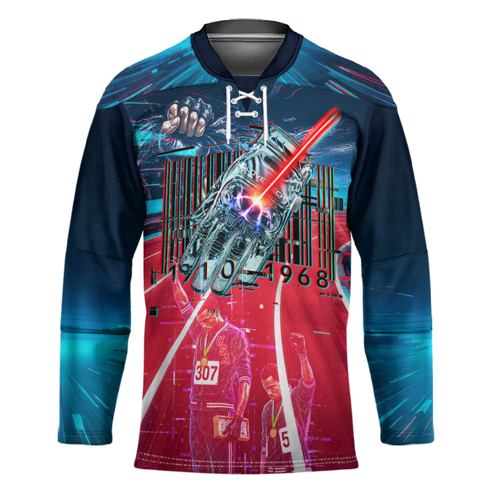 African American 1968 Black Power Salute Hockey Jersey Retro Cyberpunk Sci-Fi Tech Civil Rights Art