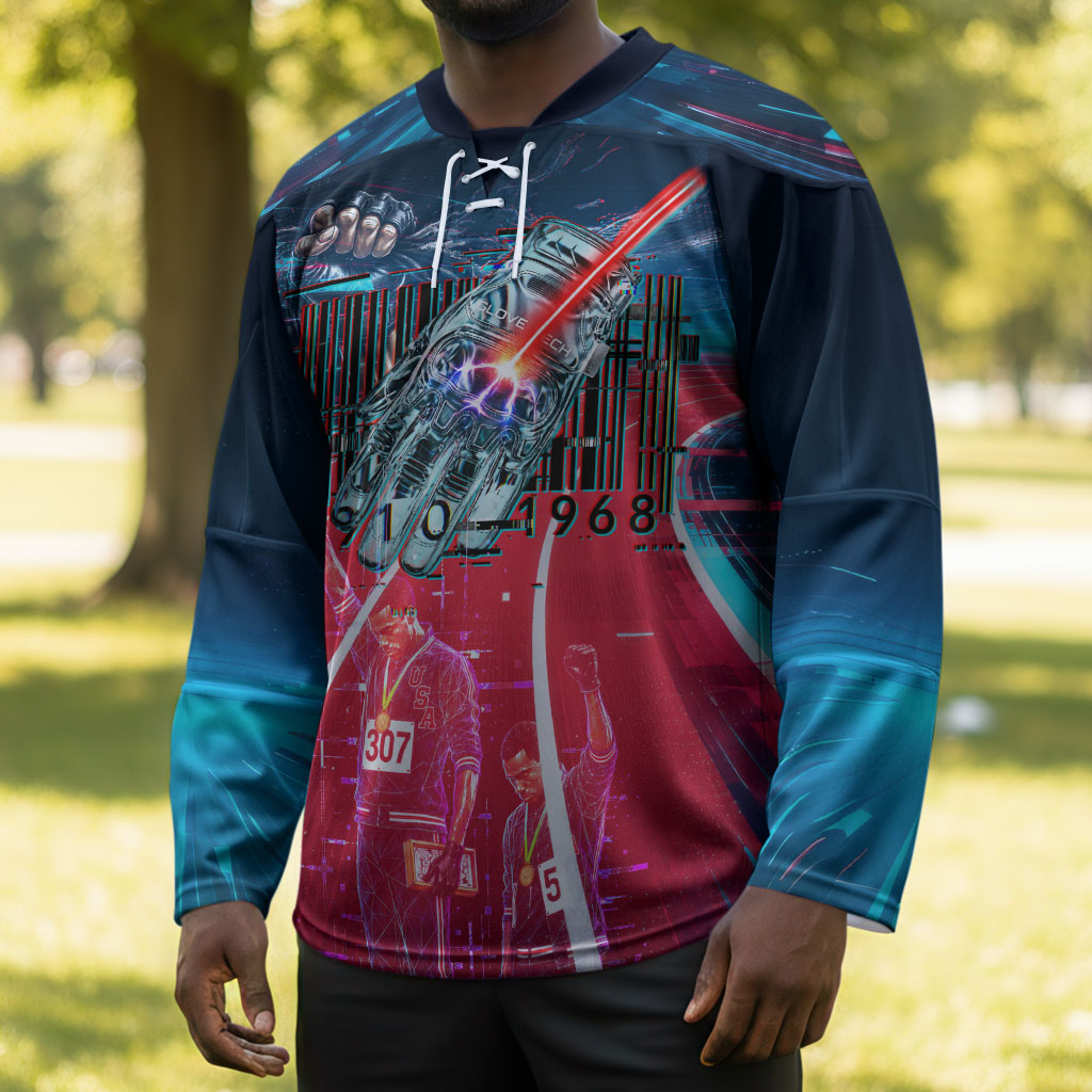 African American 1968 Black Power Salute Hockey Jersey Retro Cyberpunk Sci-Fi Tech Civil Rights Art