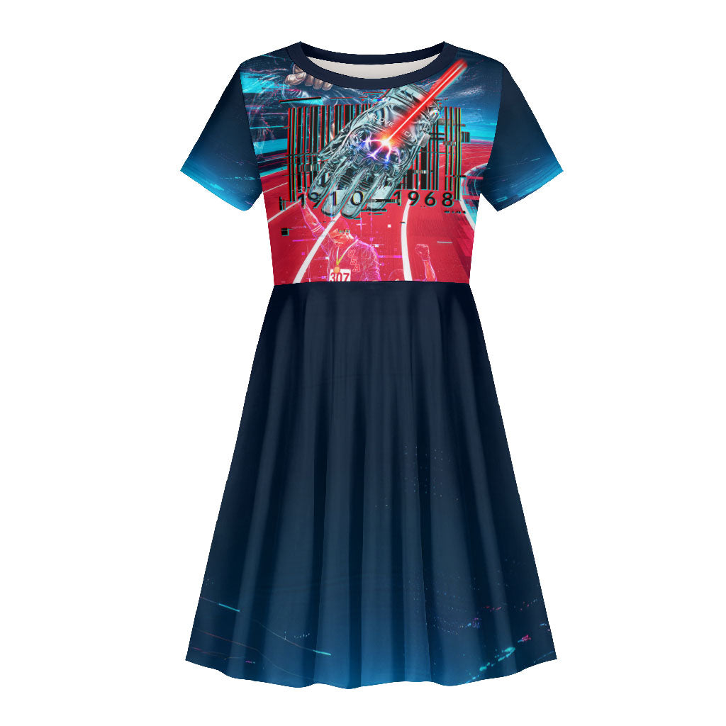 African American 1968 Black Power Salute Kid Short Sleeve Dress Retro Cyberpunk Sci-Fi Tech Civil Rights Art