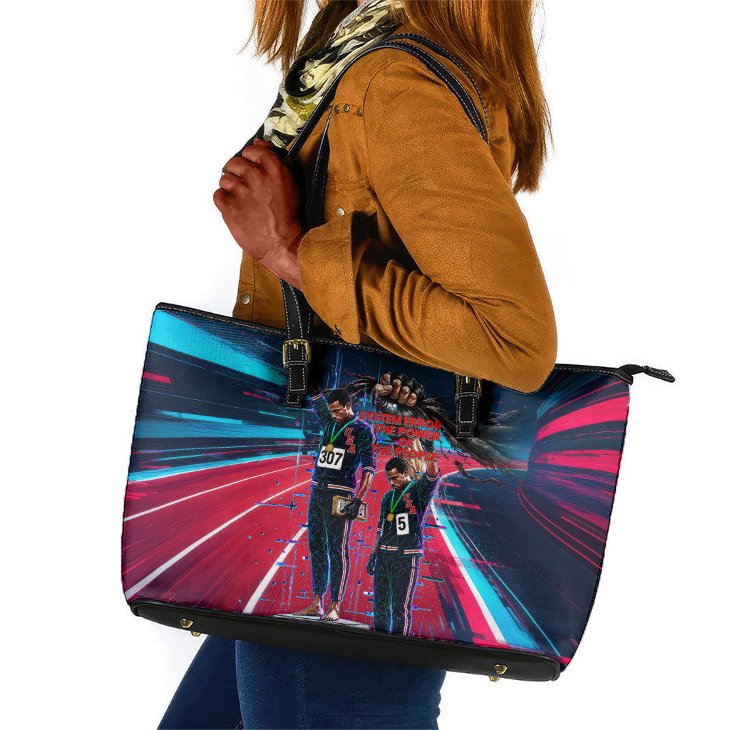 African American 1968 Black Power Salute Leather Tote Bag Retro Cyberpunk Sci-Fi Tech Civil Rights Art