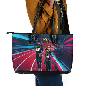 African American 1968 Black Power Salute Leather Tote Bag Retro Cyberpunk Sci-Fi Tech Civil Rights Art