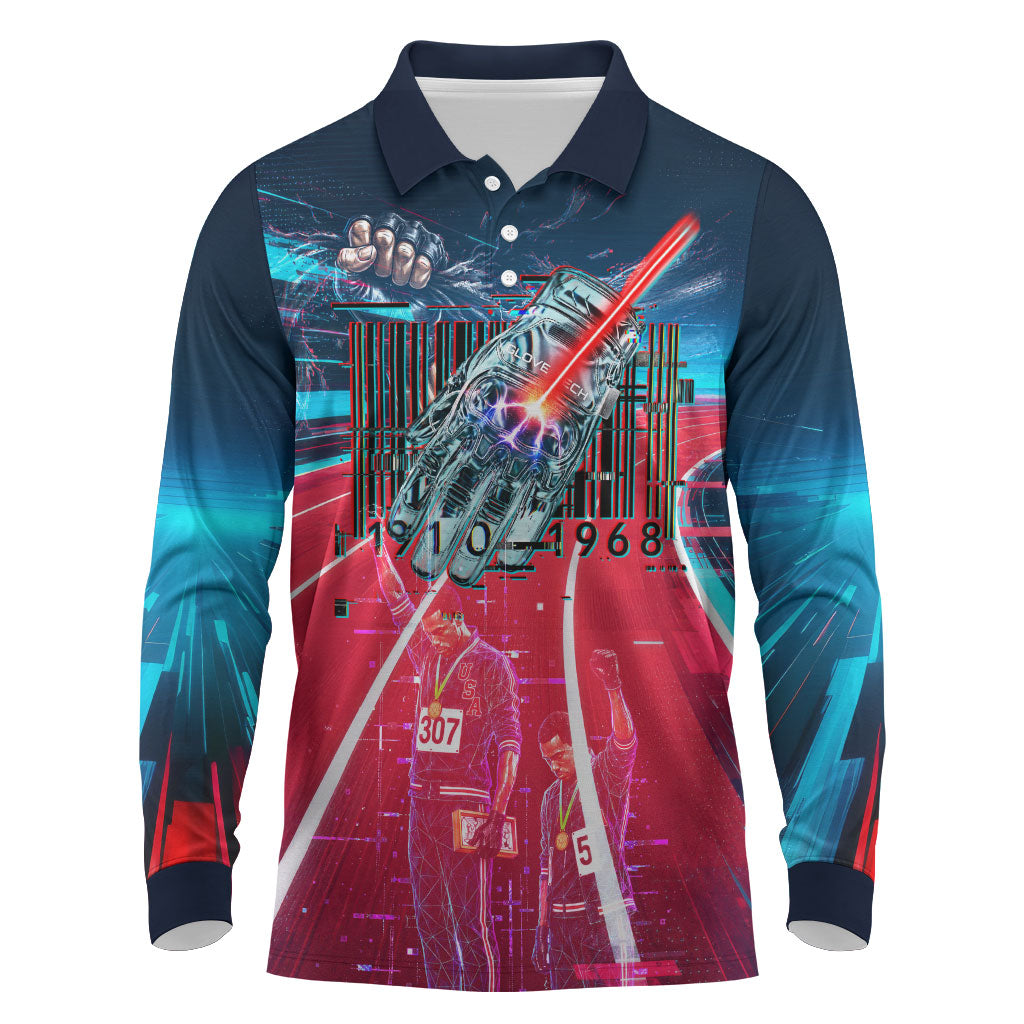 African American 1968 Black Power Salute Long Sleeve Polo Shirt Retro Cyberpunk Sci-Fi Tech Civil Rights Art