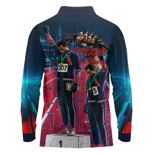 African American 1968 Black Power Salute Long Sleeve Polo Shirt Retro Cyberpunk Sci-Fi Tech Civil Rights Art