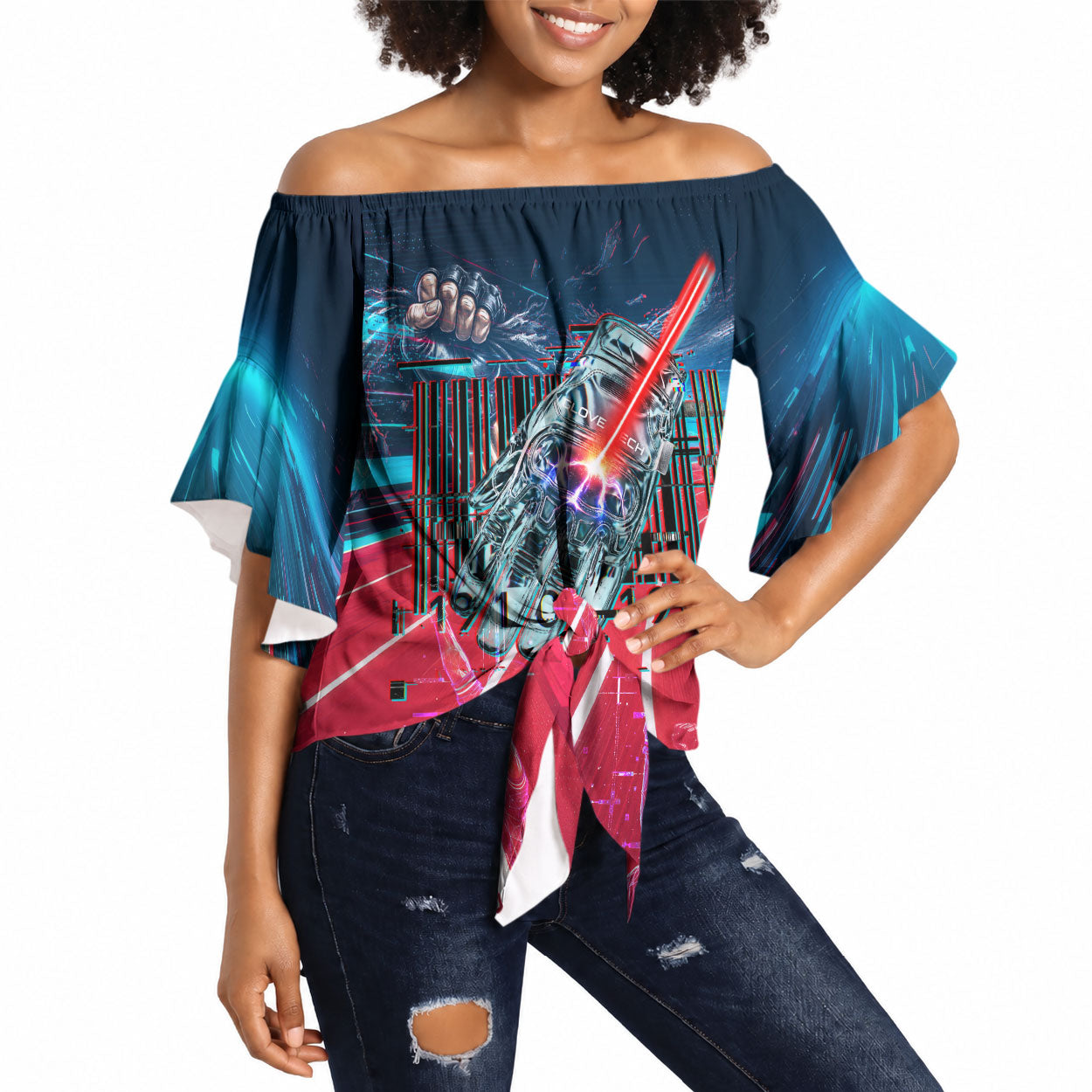 African American 1968 Black Power Salute Off Shoulder Wrap Waist Top Retro Cyberpunk Sci-Fi Tech Civil Rights Art