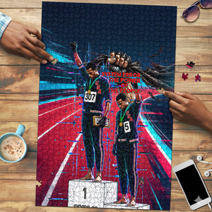 African American 1968 Black Power Salute Puzzle Retro Cyberpunk Sci-Fi Tech Civil Rights Art