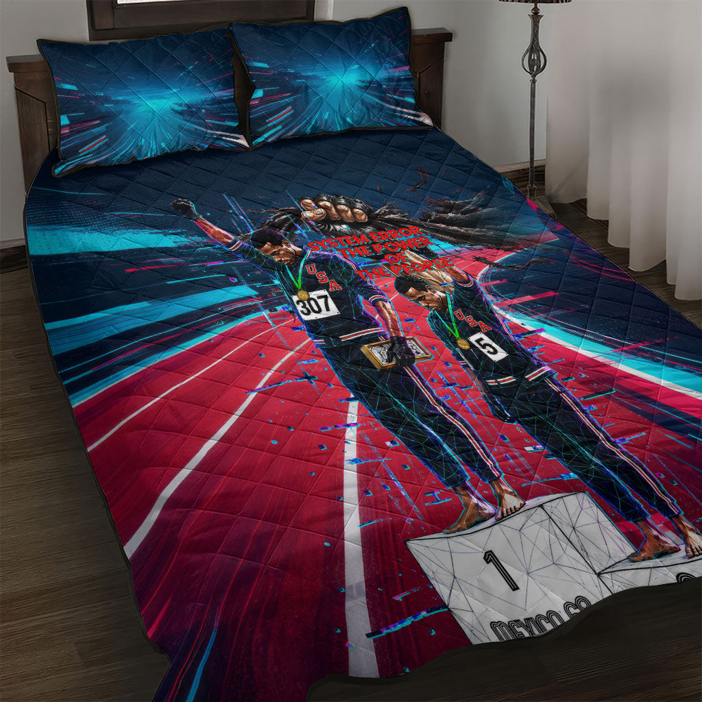 African American 1968 Black Power Salute Quilt Bed Set Retro Cyberpunk Sci-Fi Tech Civil Rights Art