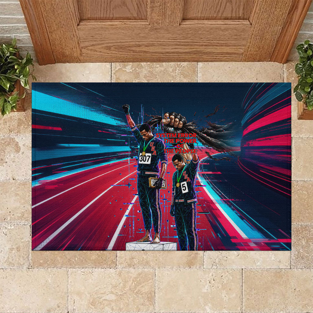African American 1968 Black Power Salute Rubber Doormat Retro Cyberpunk Sci-Fi Tech Civil Rights Art