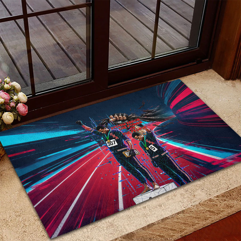 African American 1968 Black Power Salute Rubber Doormat Retro Cyberpunk Sci-Fi Tech Civil Rights Art