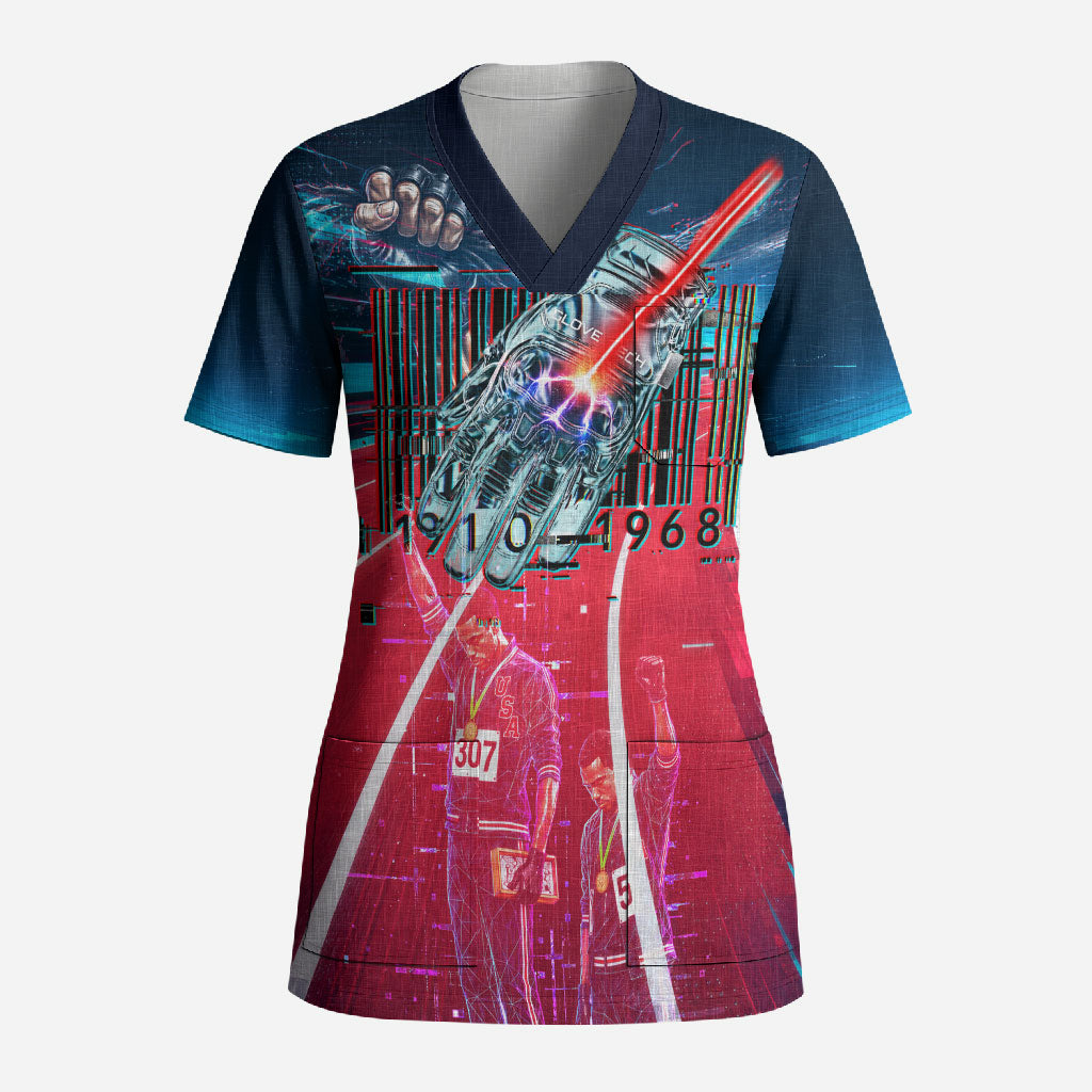 African American 1968 Black Power Salute Scrub Top Retro Cyberpunk Sci-Fi Tech Civil Rights Art