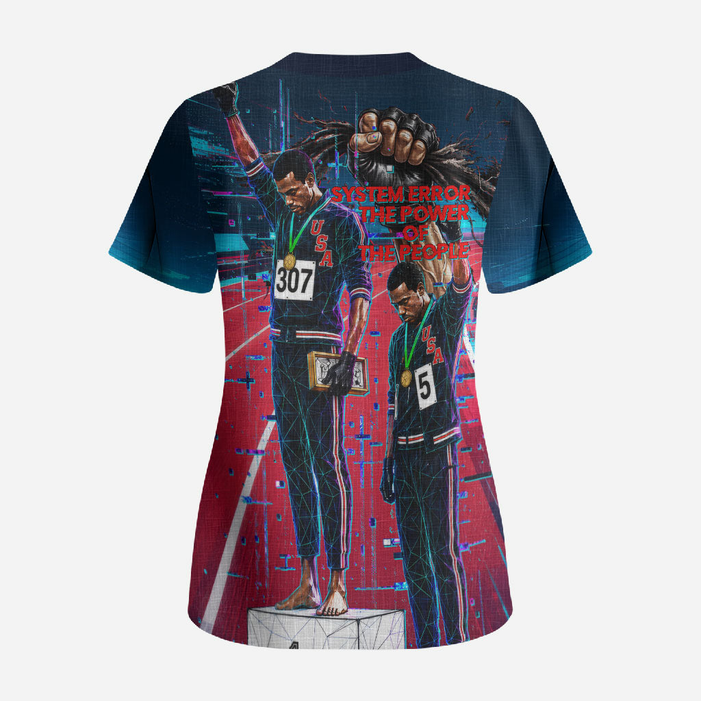 African American 1968 Black Power Salute Scrub Top Retro Cyberpunk Sci-Fi Tech Civil Rights Art
