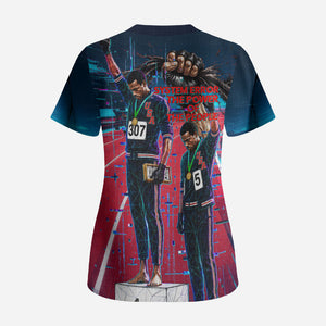 African American 1968 Black Power Salute Scrub Top Retro Cyberpunk Sci-Fi Tech Civil Rights Art