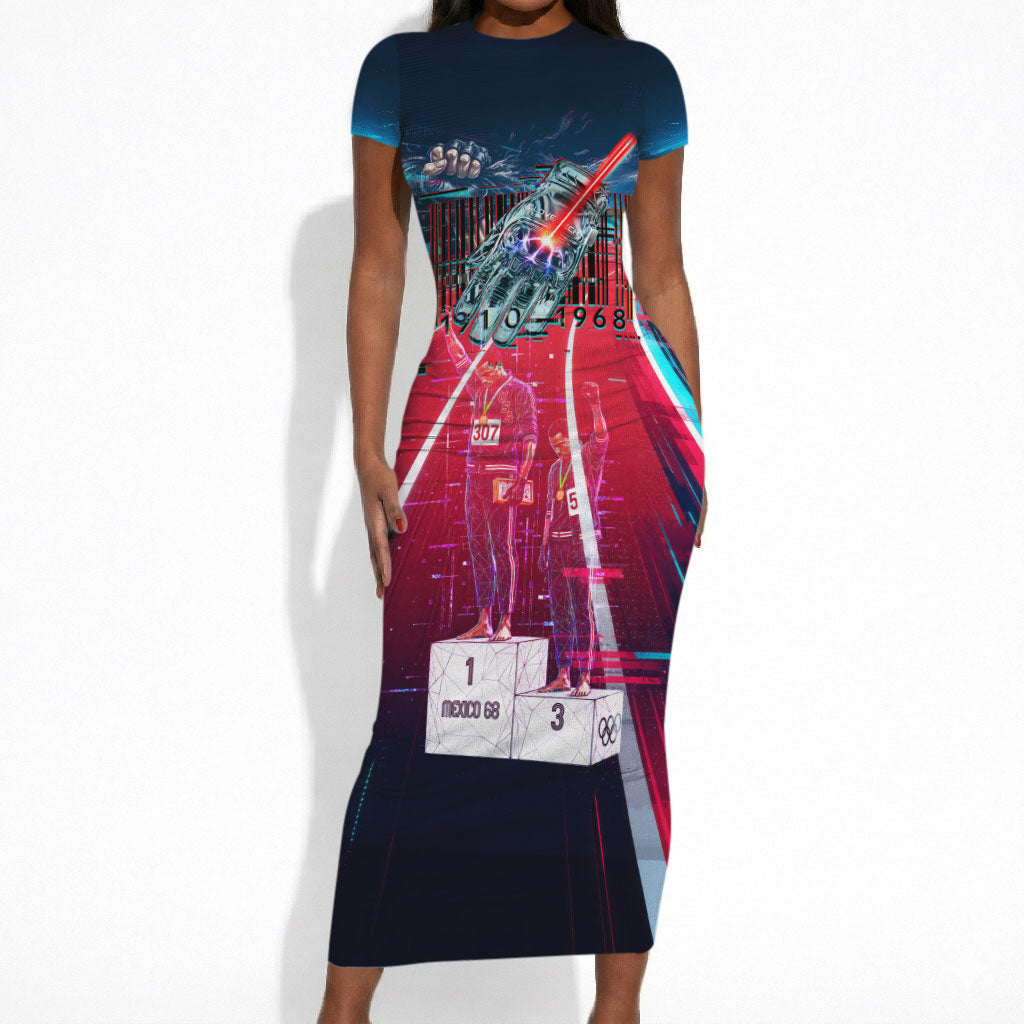 African American 1968 Black Power Salute Short Sleeve Bodycon Dress Retro Cyberpunk Sci-Fi Tech Civil Rights Art