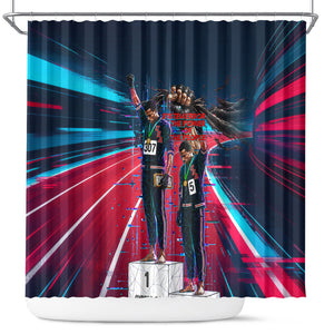 African American 1968 Black Power Salute Shower Curtain Retro Cyberpunk Sci-Fi Tech Civil Rights Art