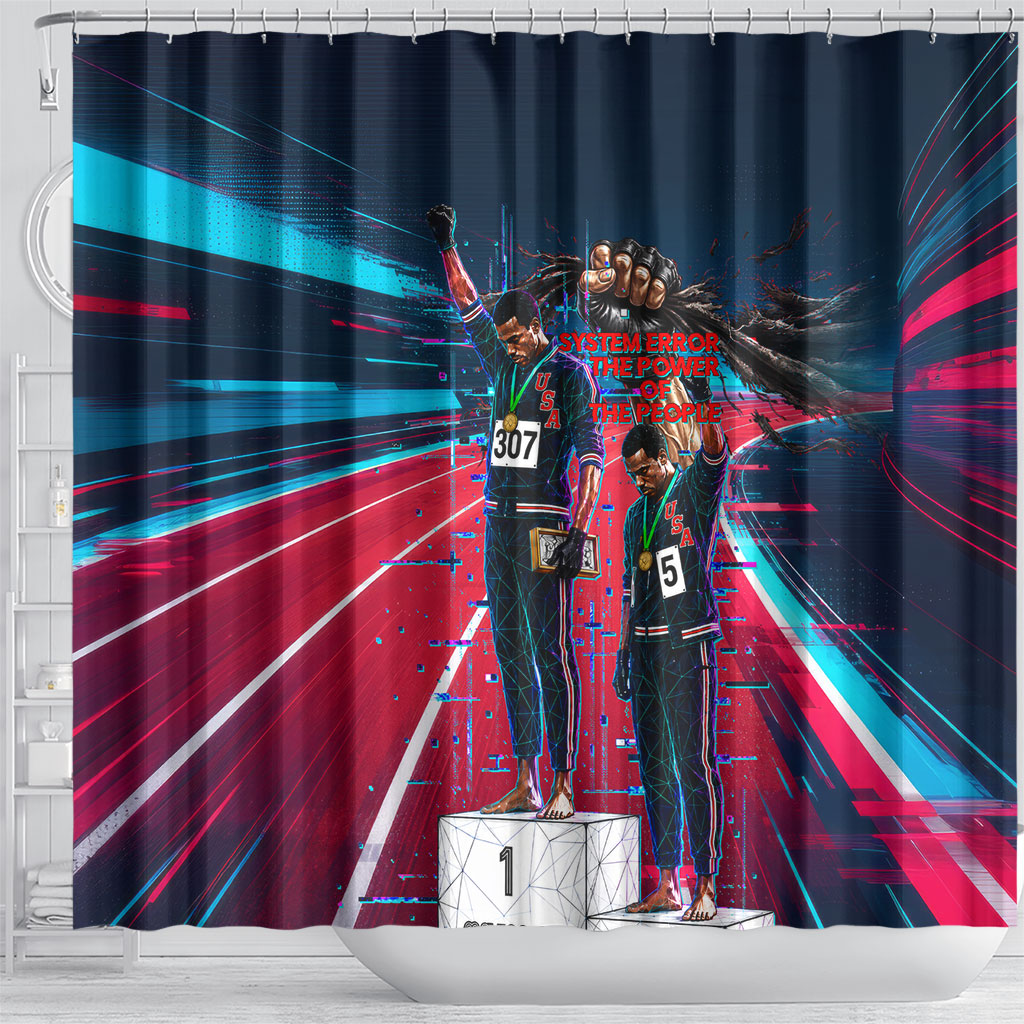 African American 1968 Black Power Salute Shower Curtain Retro Cyberpunk Sci-Fi Tech Civil Rights Art