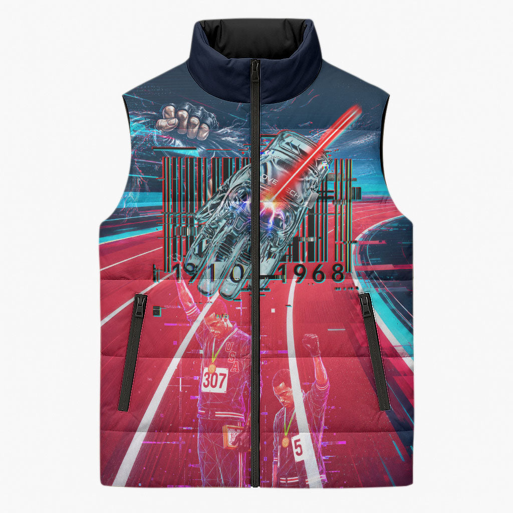 African American 1968 Black Power Salute Sleeveless Puffer Jacket Retro Cyberpunk Sci-Fi Tech Civil Rights Art