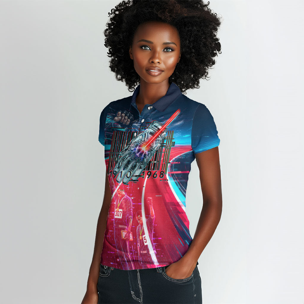 African American 1968 Black Power Salute Women Polo Shirt Retro Cyberpunk Sci-Fi Tech Civil Rights Art