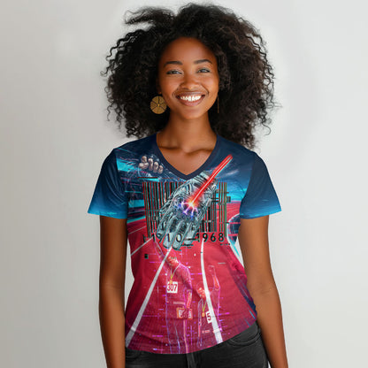 African American 1968 Black Power Salute Women V-Neck T-Shirt Retro Cyberpunk Sci-Fi Tech Civil Rights Art