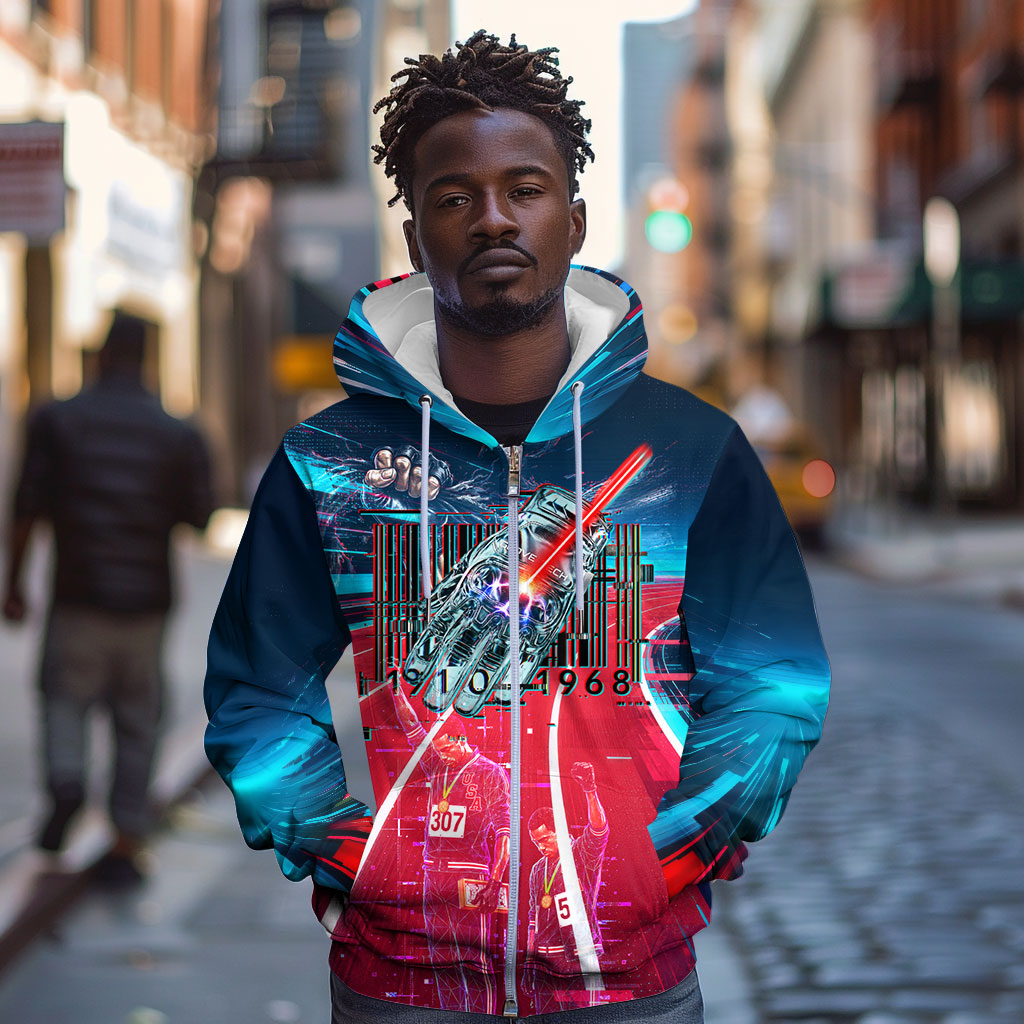 African American 1968 Black Power Salute Zip Hoodie Retro Cyberpunk Sci-Fi Tech Civil Rights Art